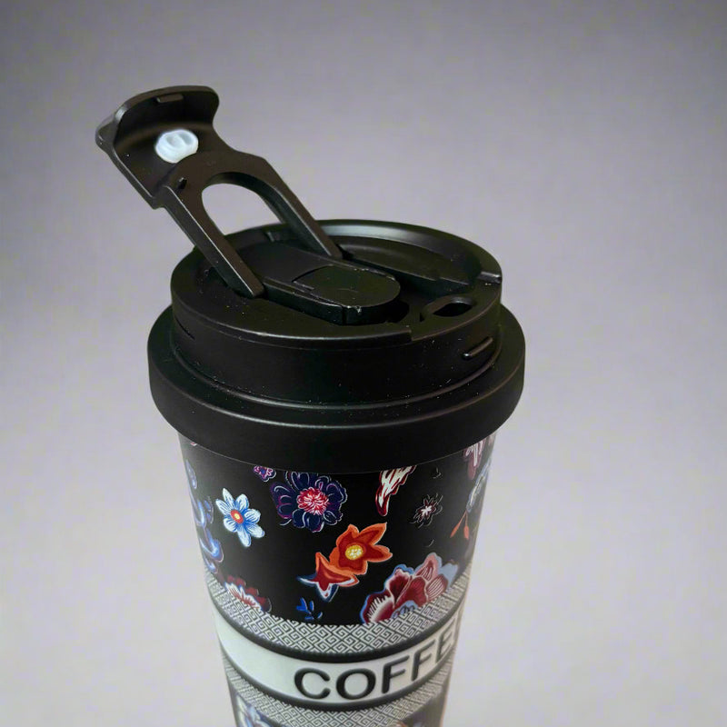 Elegant Sips Black Flower Insulated Mug 600 ML for Hot and Cold Beverages - Project M Shop