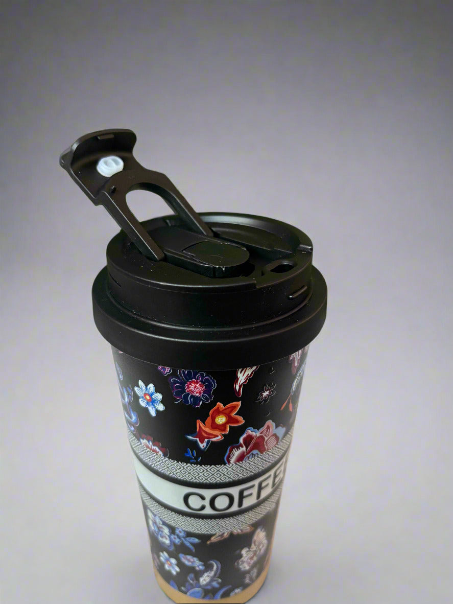 Black Flower Insulated Mug 600ml – Elegant Desk Drinkware