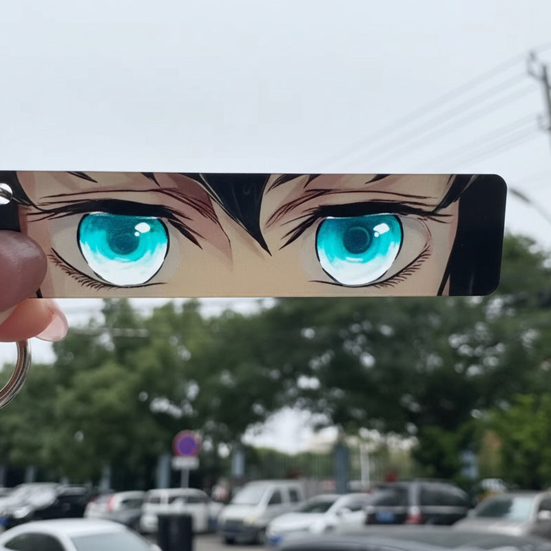 Anime-style character with blue eyes held up against a blurred street background