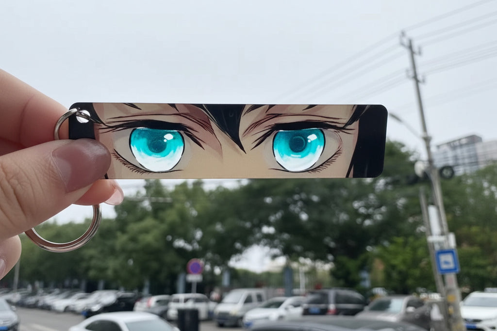 Anime-style character with blue eyes held up against a blurred street background