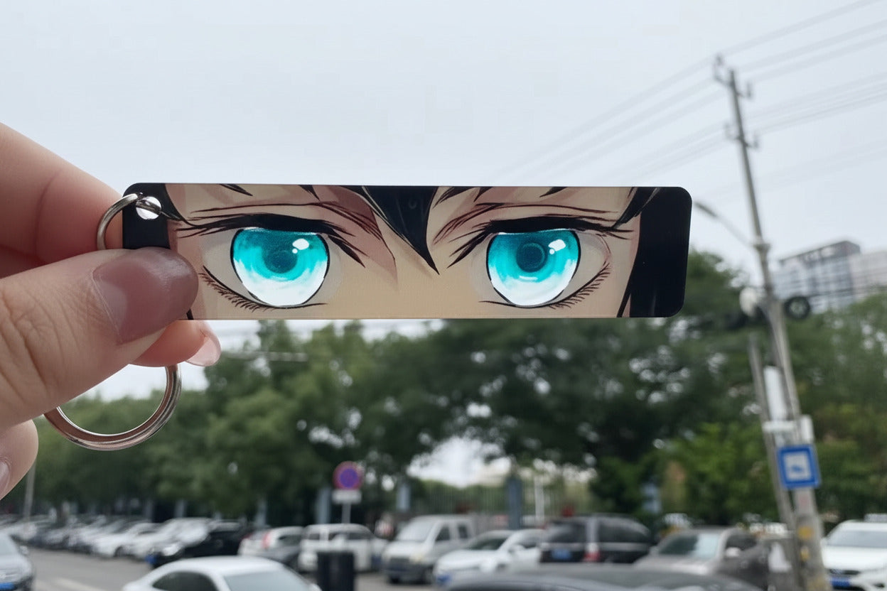Anime-style character with blue eyes held up against a blurred street background