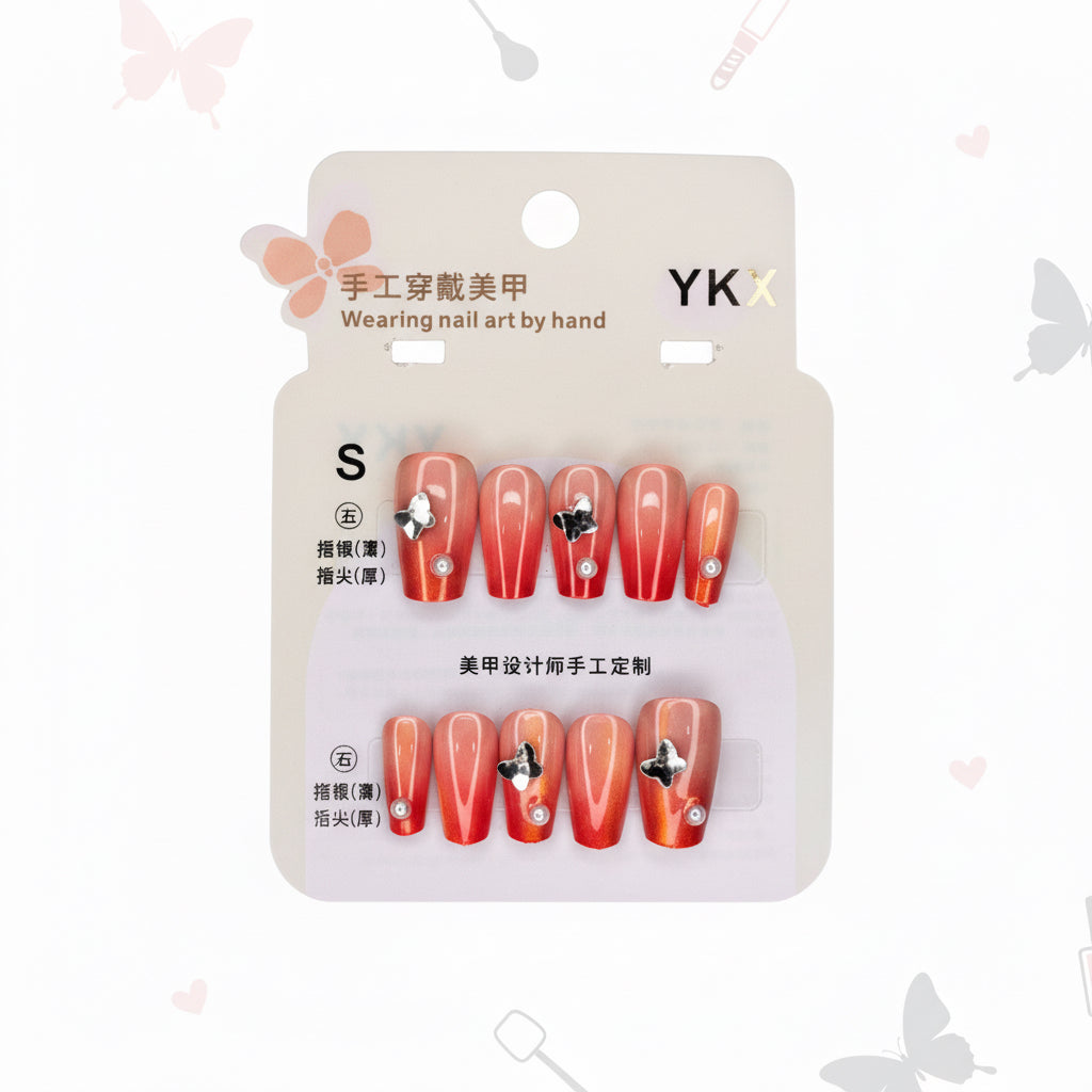 Rosy Butterfly With Pearl Press-On Nails - S Size - Project M Shop