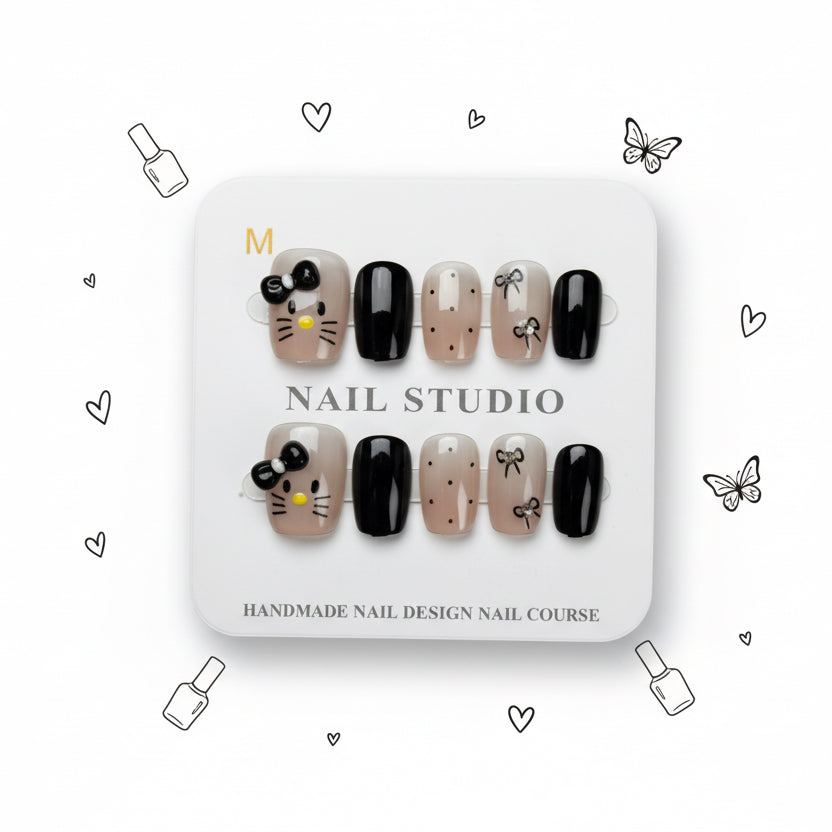 Kitty Charms & Printed Design Short Press-On Nails - Size S & M - Project M Shop