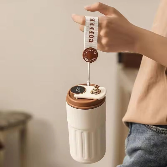 LED Smart Temperature display thermo Tumbler Stainless Steel Travel Coffee Mug With Strap - 450Ml - Random Color - Project M Shop
