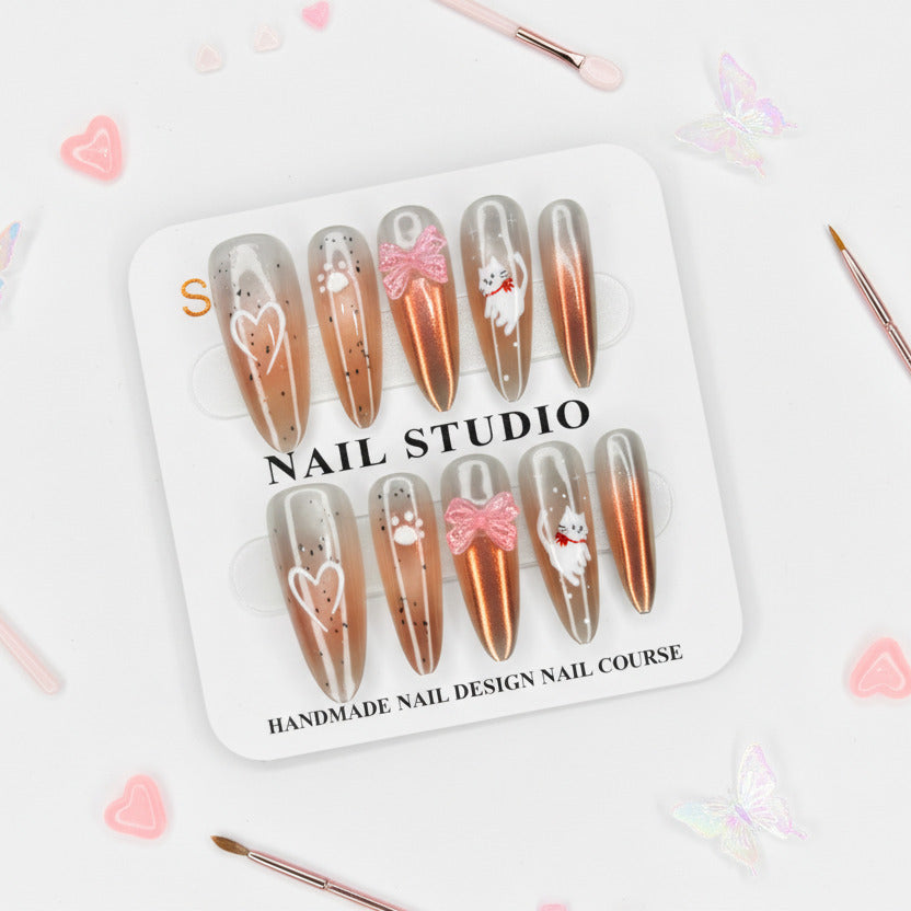 Rosy Heart & Kitty Charms Elegant Long Press-On Nails -  Size S - Project M Shop