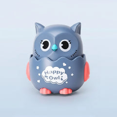 Gray owl-shaped toy with red accents and 'Happy Owls' branding, shown with measurements on a light blue background.