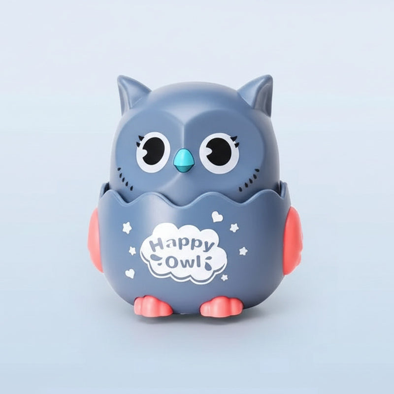 Gray owl-shaped toy with red accents and 'Happy Owls' branding, shown with measurements on a light blue background.