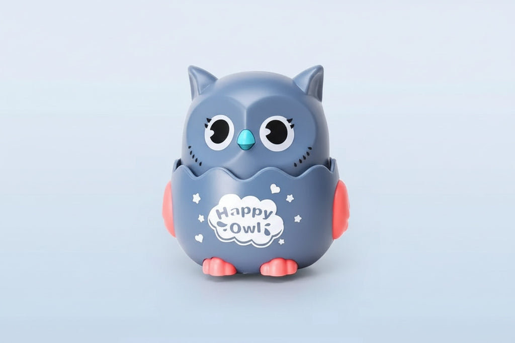 Gray owl-shaped toy with red accents and 'Happy Owls' branding, shown with measurements on a light blue background.