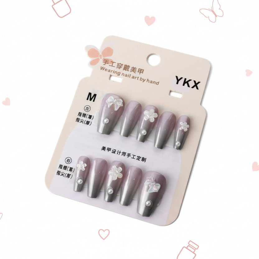 Grey Pearly With Charm Press-On Nails - Size M - Project M Shop