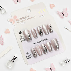 Grey Metallic Gemstone Charms Press-On Nails - Size M - Project M Shop