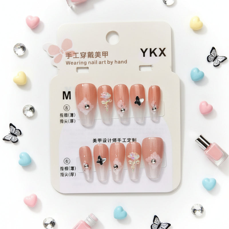 Flower Pattern With Charm Press-On Nails - Size M - Project M Shop