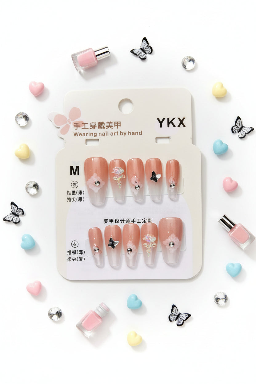 Flower Pattern With Charm Press-On Nails - Size M - Project M Shop