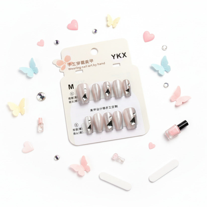 Grey Metallic Gemstone Charms Press-On Nails - Size M - Project M Shop
