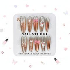 Rosy Heart & Kitty Charms Elegant Long Press-On Nails -  Size S - Project M Shop