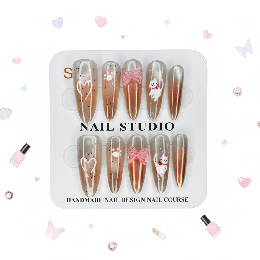 Rosy Heart & Kitty Charms Elegant Long Press-On Nails -  Size S - Project M Shop