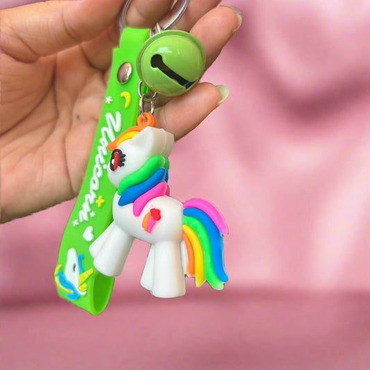 Rainbow Pony Keychain - PVC Rubber Keychain with Strap and Bell - Project M Shop