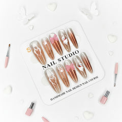 Rosy Heart & Kitty Charms Elegant Long Press-On Nails -  Size S - Project M Shop