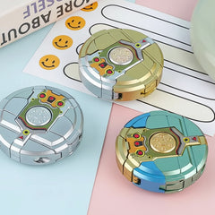 Three metallic fidget spinners on a colorful background with smiley face stickers.