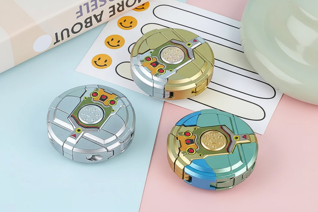 Three metallic fidget spinners on a colorful background with smiley face stickers.