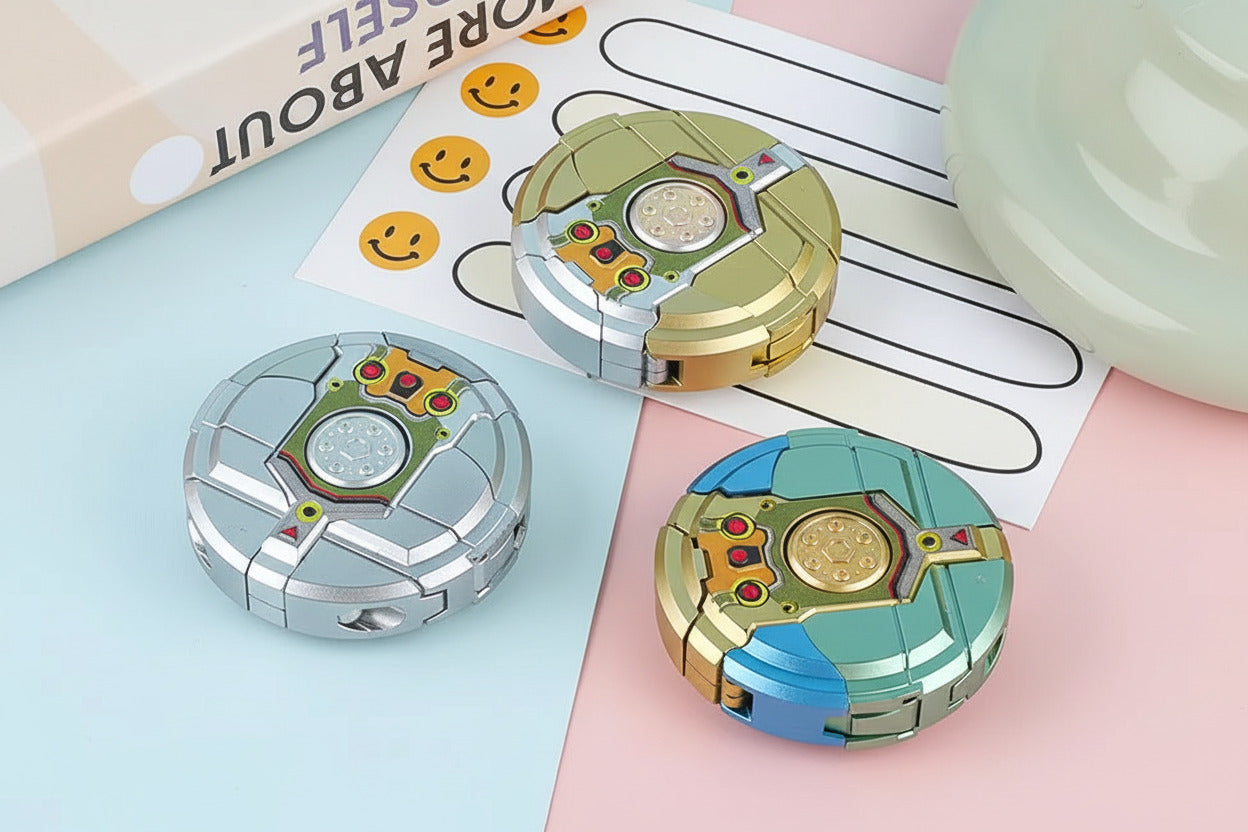 Three metallic fidget spinners on a colorful background with smiley face stickers.