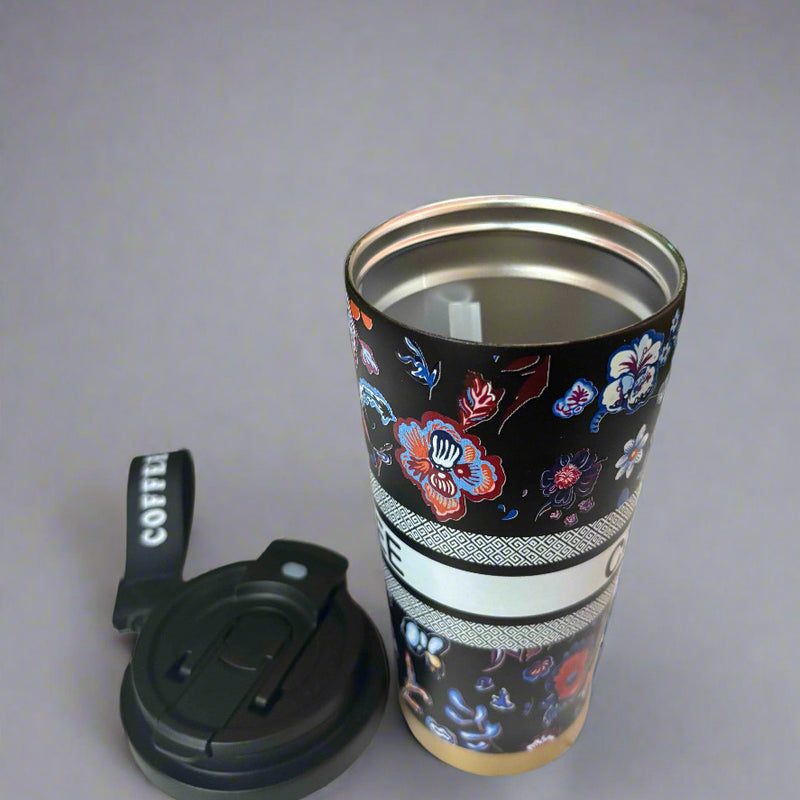 Elegant Sips Black Flower Insulated Mug 600 ML for Hot and Cold Beverages - Project M Shop