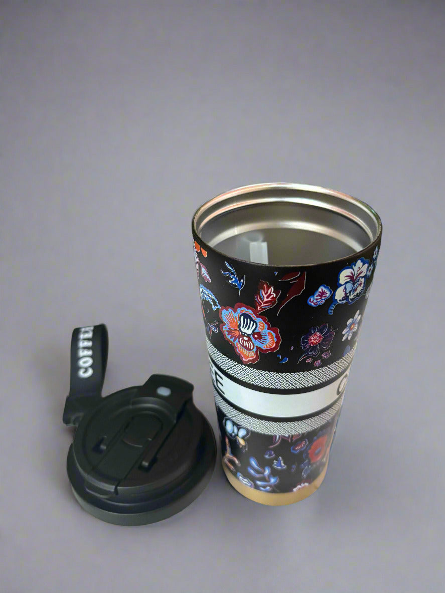 Black Flower Insulated Mug 600ml – Elegant Desk Drinkware