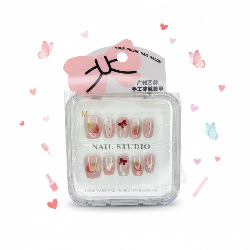 Fruity Strawberry Charms & Printed Press-On Nails -  Size S & M - Project M Shop