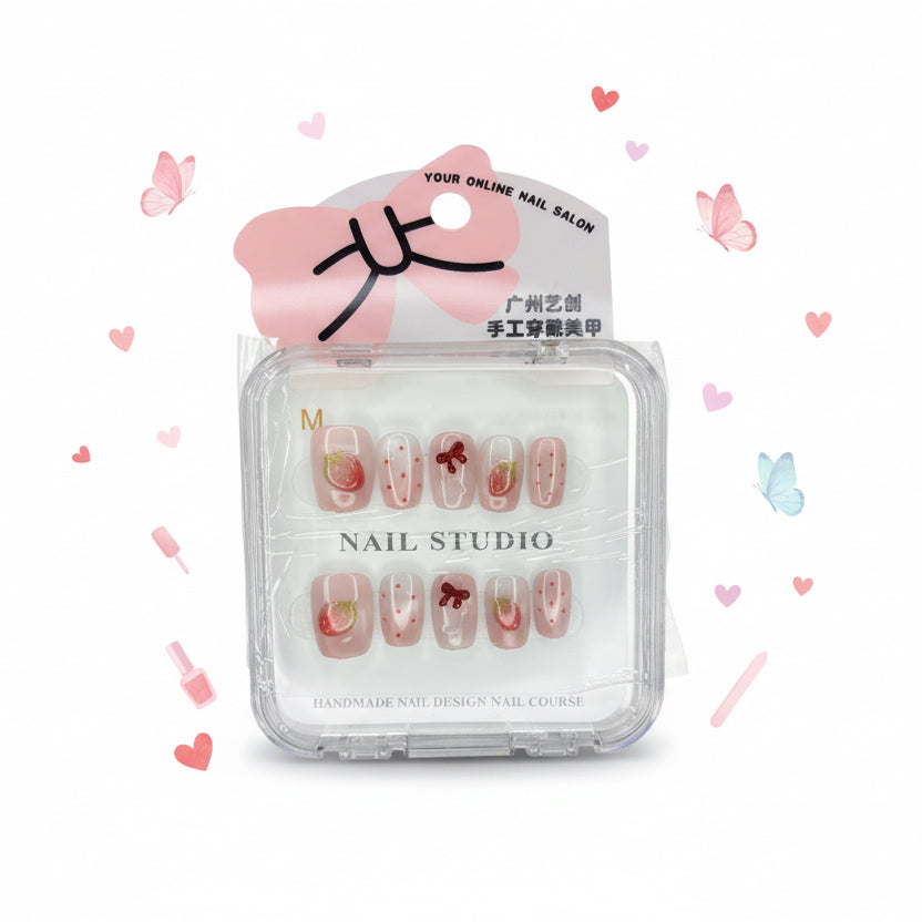 Fruity Strawberry Charms & Printed Press-On Nails -  Size S & M - Project M Shop