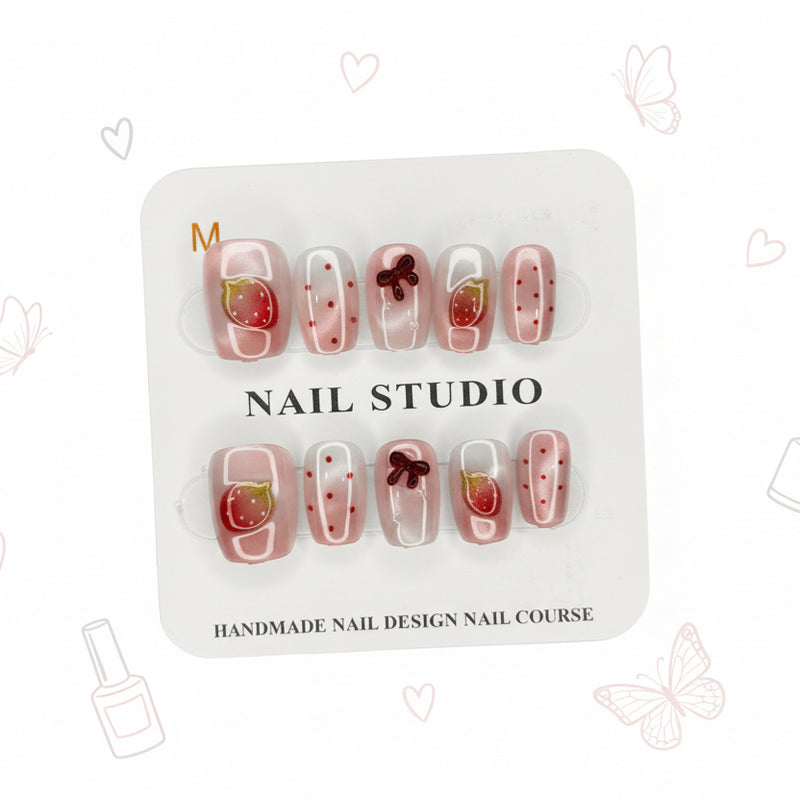 Fruity Strawberry Charms & Printed Press-On Nails -  Size S & M - Project M Shop