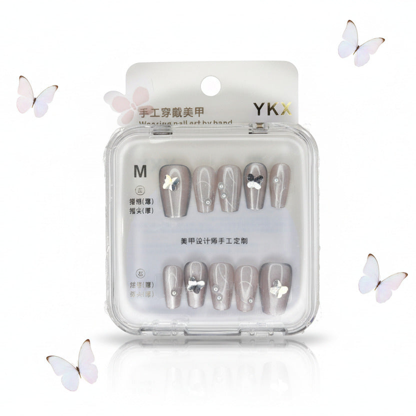 Metallic Butterfly & Pearl Press-on Nails - M Size - Project M Shop