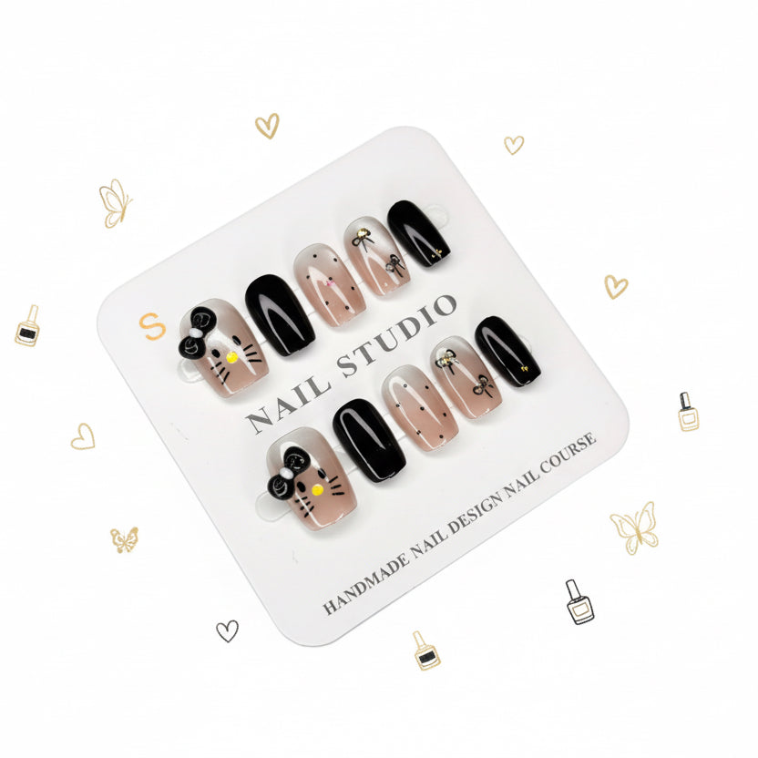 Kitty Charms & Printed Design Short Press-On Nails - Size S & M - Project M Shop