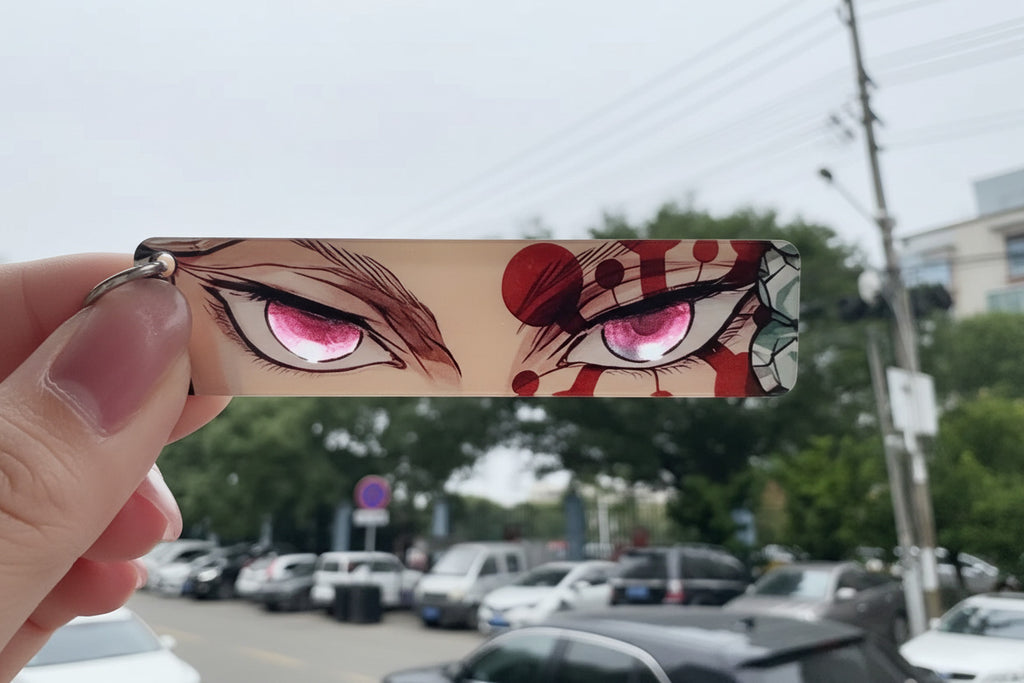 Anime-style character with red eyes held up to the camera against a blurred outdoor background