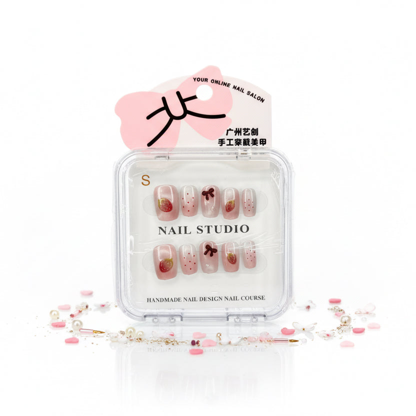 Fruity Strawberry Charms & Printed Press-On Nails -  Size S & M - Project M Shop