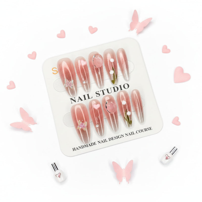 Heart & Butterfly Charm Press-On Nails For Woman- Size S - Project M Shop