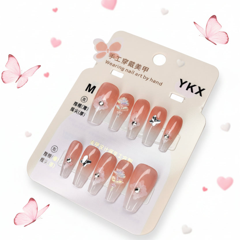 Flower Pattern With Charm Press-On Nails - Size M - Project M Shop