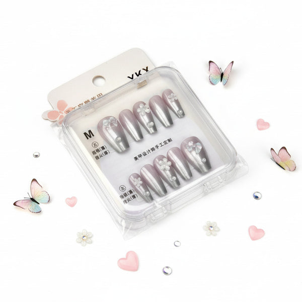 Grey Pearly With Charm Press-On Nails - Size M - Project M Shop