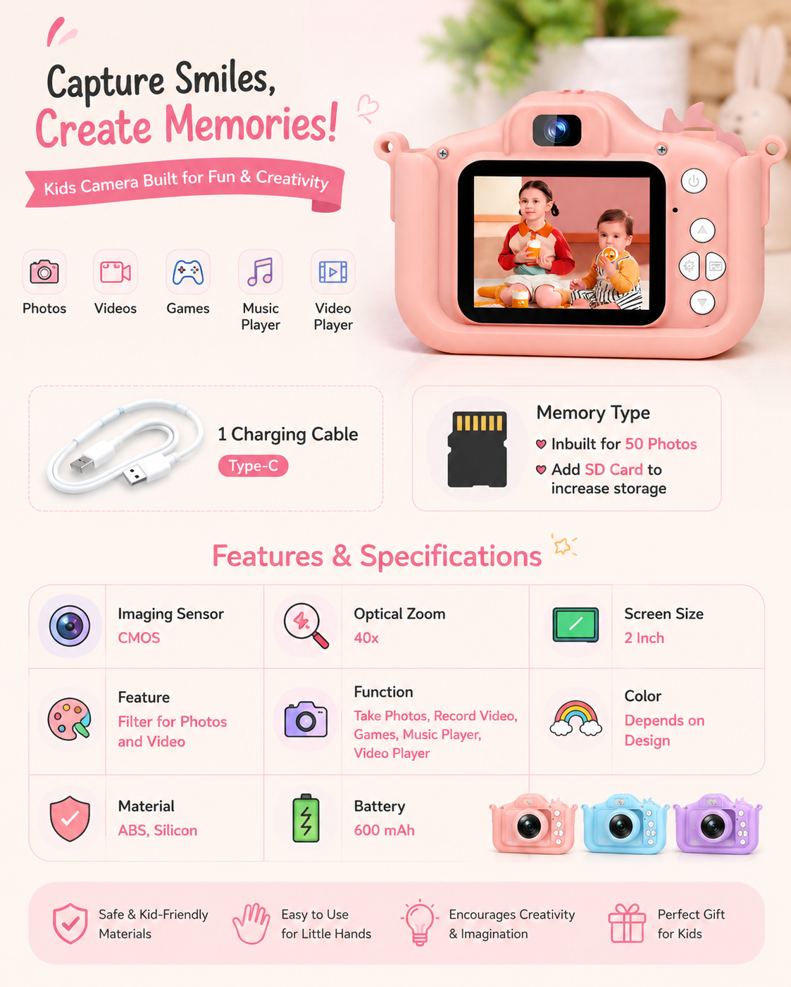 Kids 40MP 1080p Digital Camera - IPS HD Screen Toy with Dual Back and Selfie Camera, Video, Music, and Games