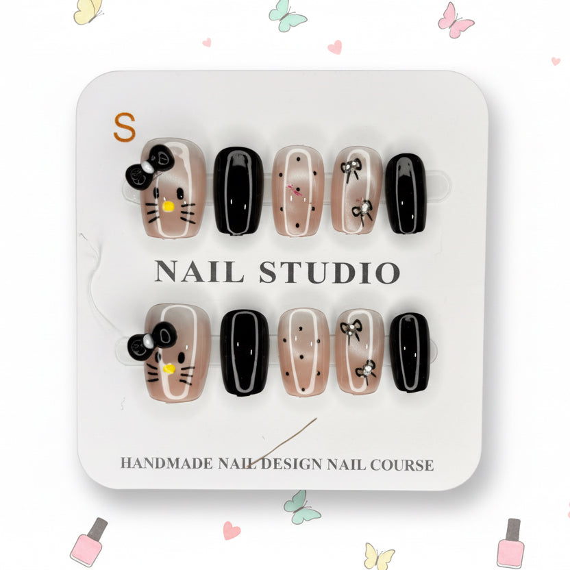 Kitty Charms & Printed Design Short Press-On Nails - Size S & M - Project M Shop