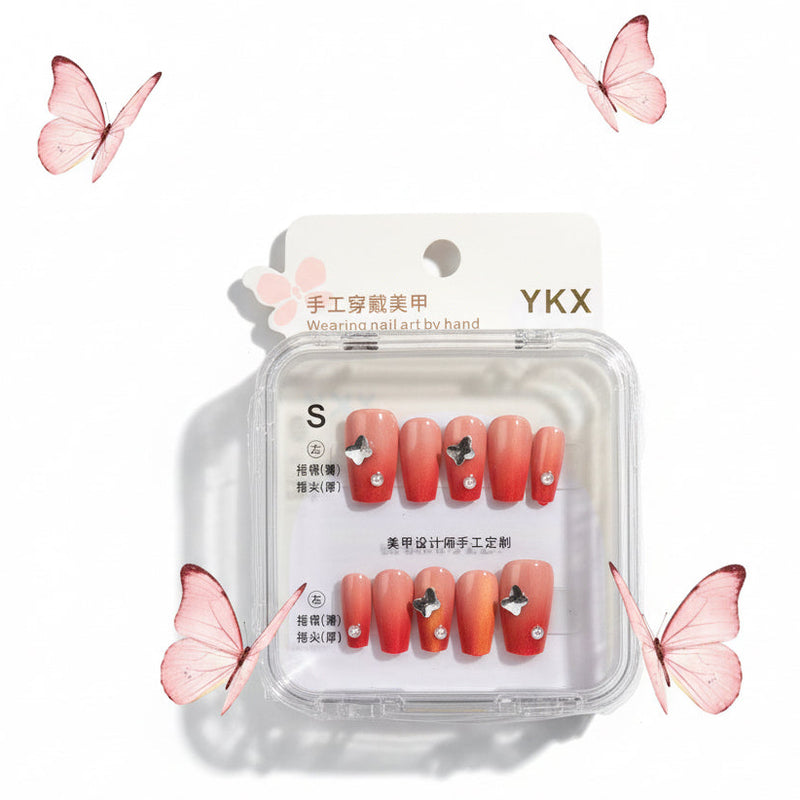 Rosy Butterfly With Pearl Press-On Nails - S Size - Project M Shop