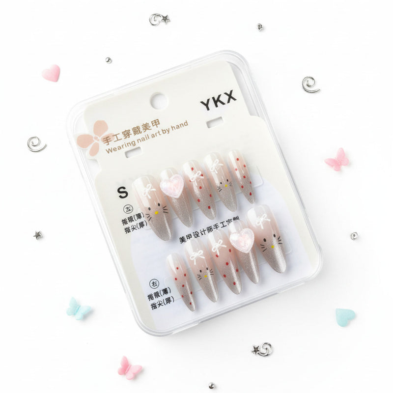 Heart & Kitty Charms Beautiful Press-On Nails - Size S - Project M Shop
