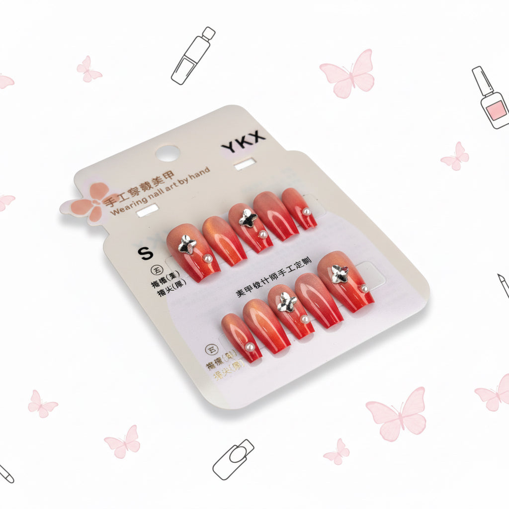 Rosy Butterfly With Pearl Press-On Nails - S Size - Project M Shop