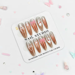 Rosy Heart & Kitty Charms Elegant Long Press-On Nails -  Size S - Project M Shop
