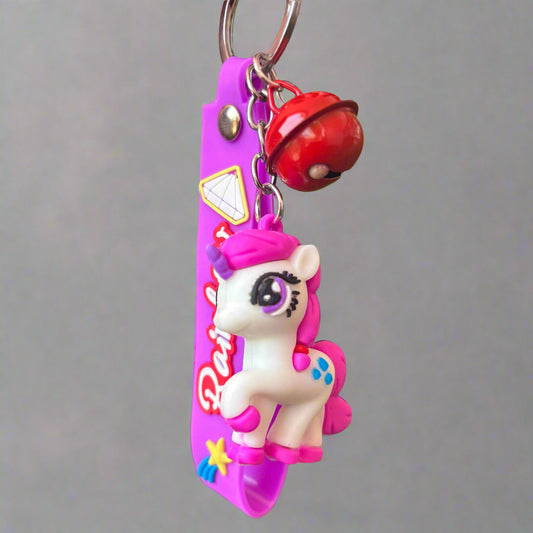 Purple and White Pony Keychain with Strap and Bell - PVC Rubber - Project M Shop