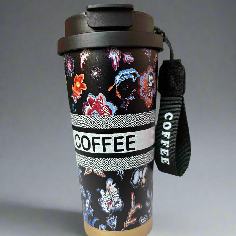 Elegant Sips Black Flower Insulated Mug 600 ML for Hot and Cold Beverages - Project M Shop