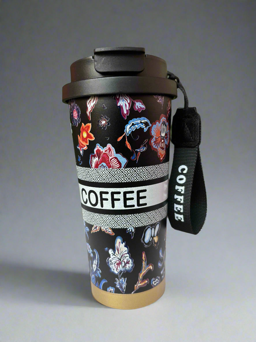Black Flower Insulated Mug 600ml – Elegant Desk Drinkware