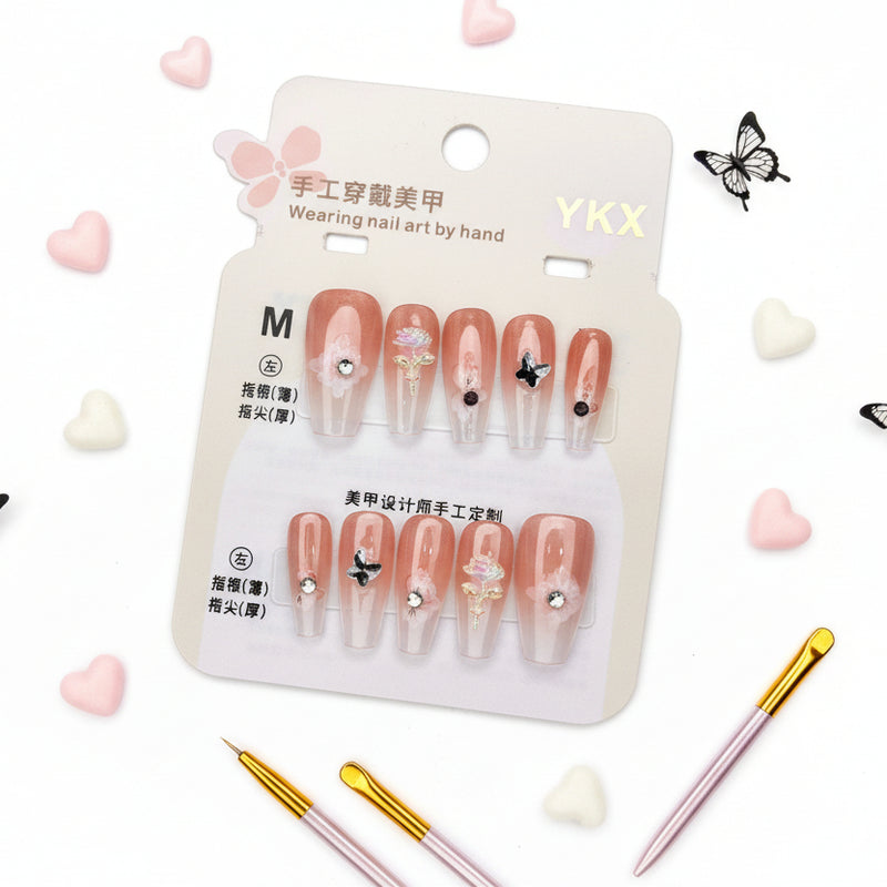 Flower Pattern With Charm Press-On Nails - Size M - Project M Shop