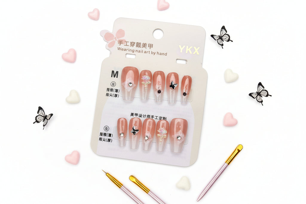 Flower Pattern With Charm Press-On Nails - Size M - Project M Shop