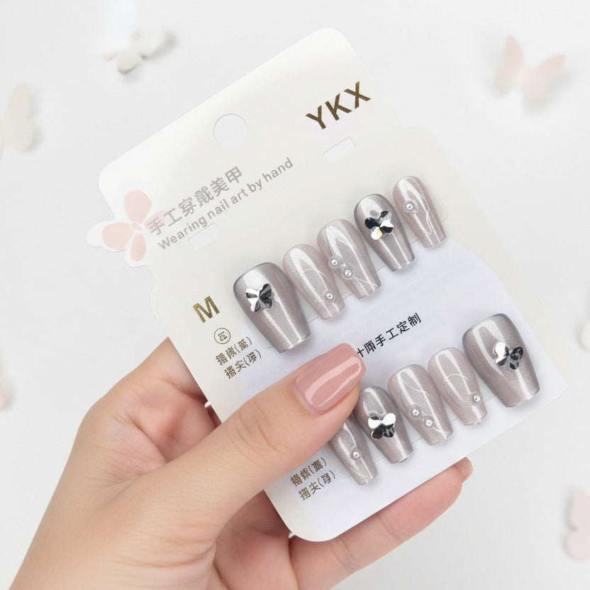 Metallic Butterfly & Pearl Press-on Nails - M Size - Project M Shop