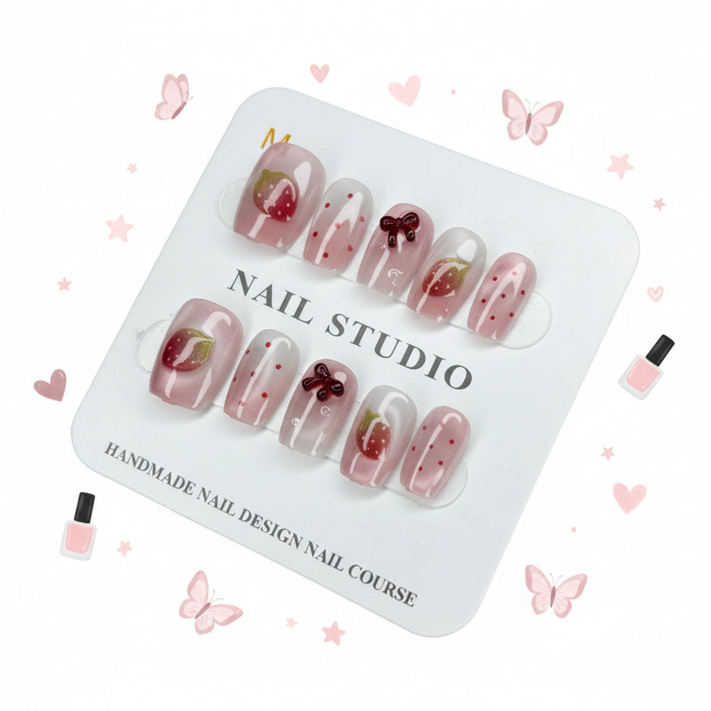 Fruity Strawberry Charms & Printed Press-On Nails -  Size S & M - Project M Shop