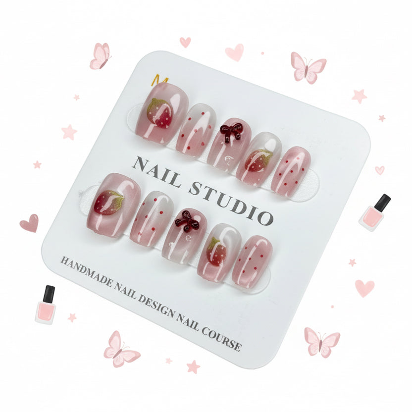 Fruity Strawberry Charms & Printed Press-On Nails -  Size S & M - Project M Shop